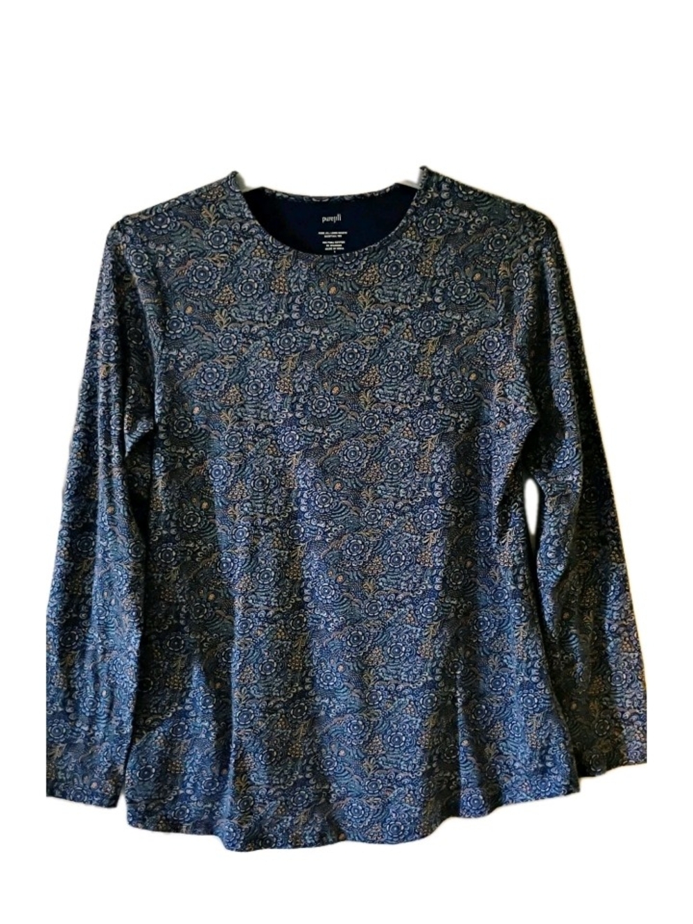 Pure jill Navy Paisley-Print Long Sleeve Crewneck Top